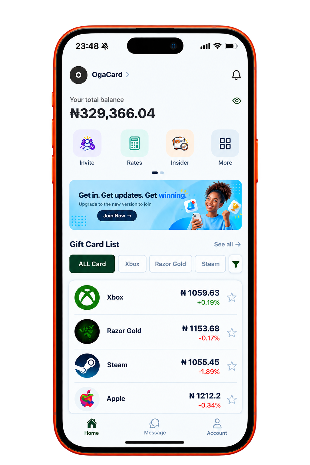 OgaCard mobile app home screen with quick card trade actions